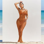 Orange halter mesh bodycon dress with cutout lattice pattern and high-cut leg