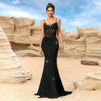 Women's Rhinestone V-Neck Boned Slit Evening Maxi Dress