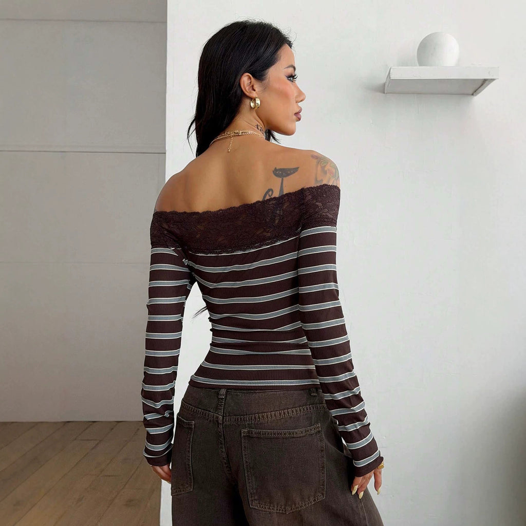 Striped Sexy off Shoulder Lace Stitching Long Sleeve off