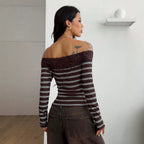 Striped Sexy off Shoulder Lace Stitching Long Sleeve off