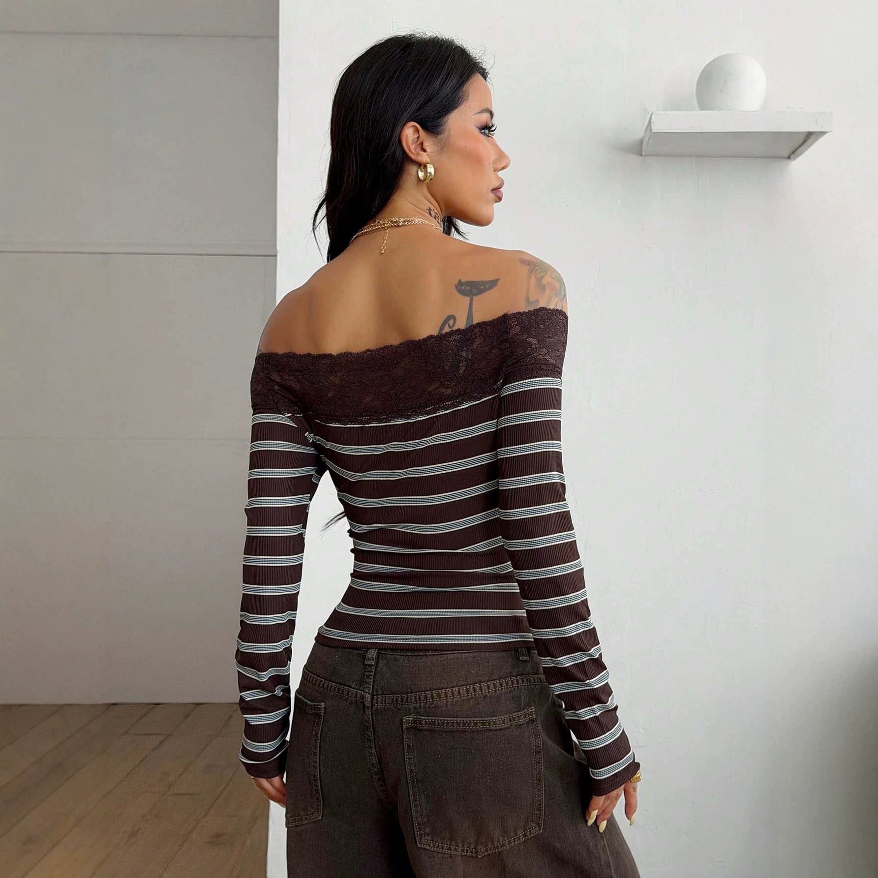Striped Sexy off Shoulder Lace Stitching Long Sleeve off