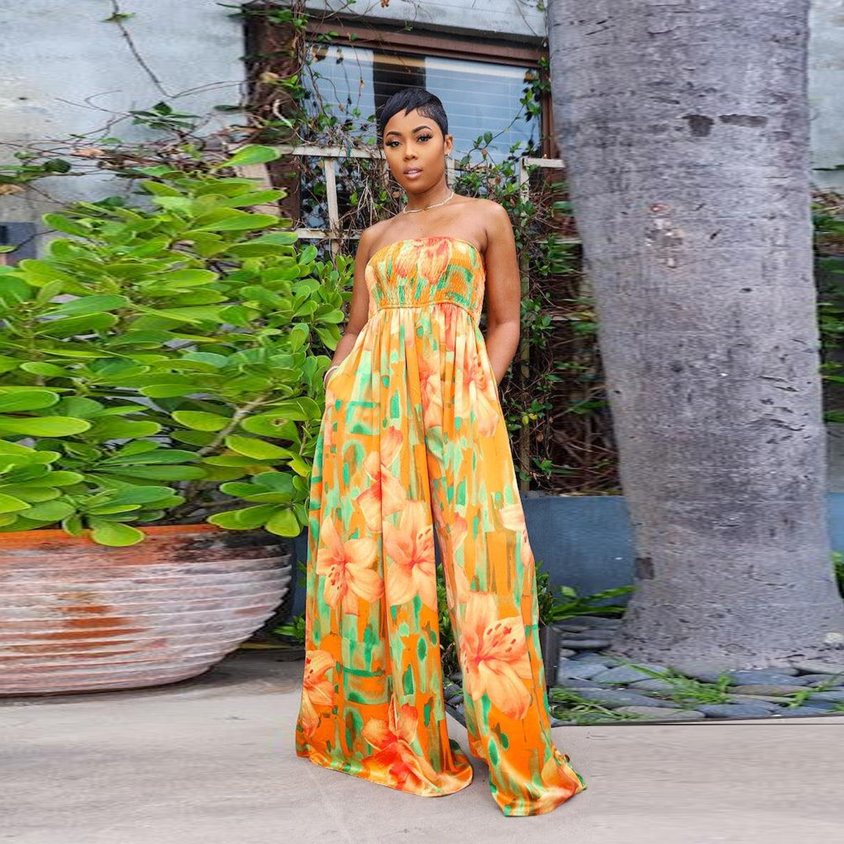Floral Smocked Strapless Wide-Leg Jumpsuit