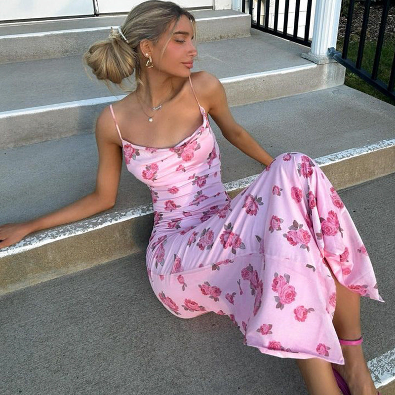 Pink Floral Slim Strap Dress