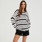 Autumn Winter Patchwork Striped Casual Loose Top Women