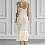Summer Knit Halter Dress Hollow Out Cutout Seaside Holiday Beach Flounce Long Dress Women Overall Hip