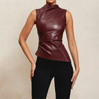 Faux Leather Cascading Collar Sleeveless Top