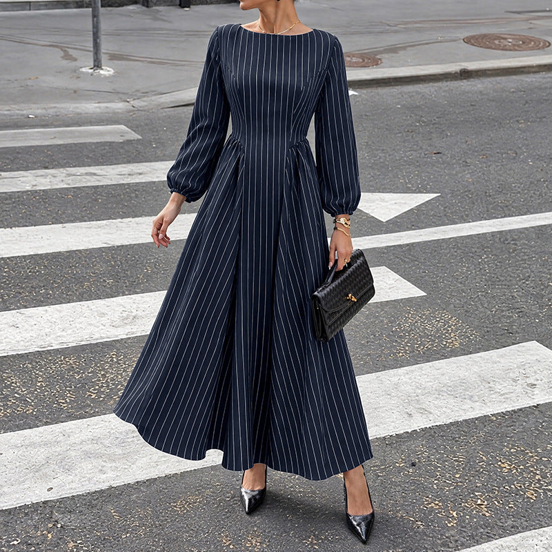 Women's Elegant Round Neck Striped Waist Tight Maxi Dress