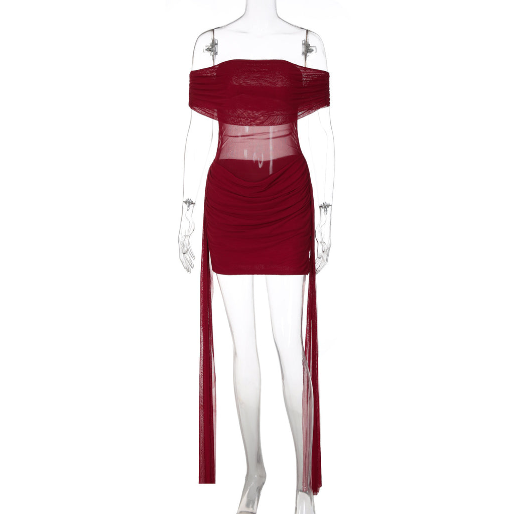 Burgundy off-shoulder ruched sheath dress with draped sheer side panels