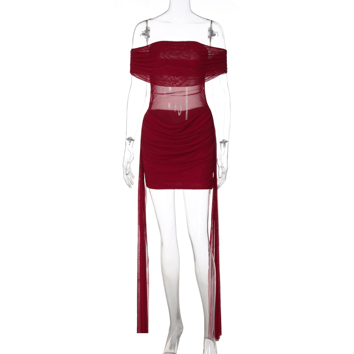 Burgundy off-shoulder ruched sheath dress with draped sheer side panels