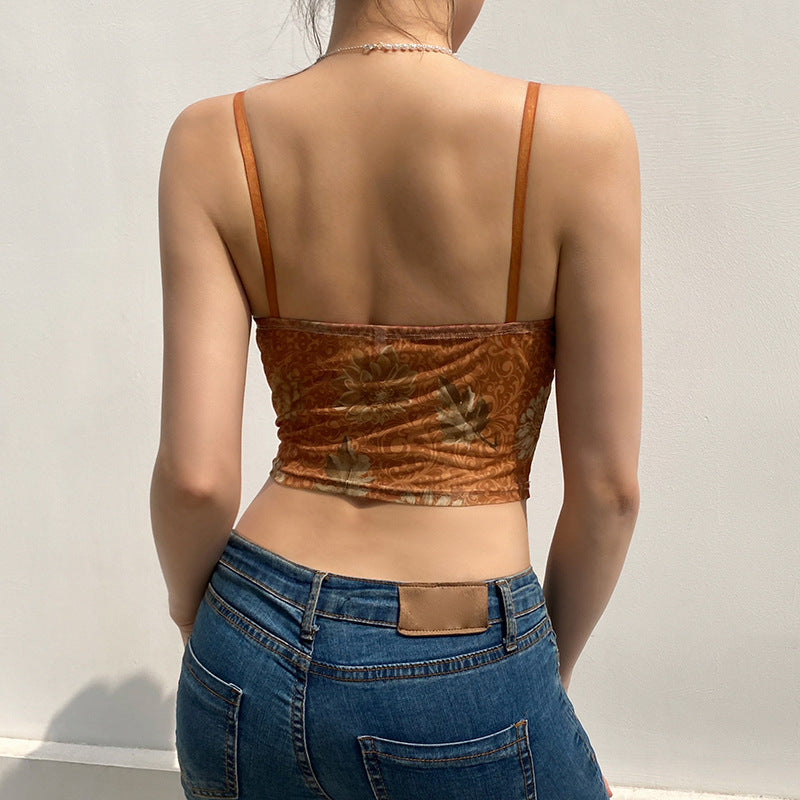 Women’s Brown Printed Mesh Backless Camisole