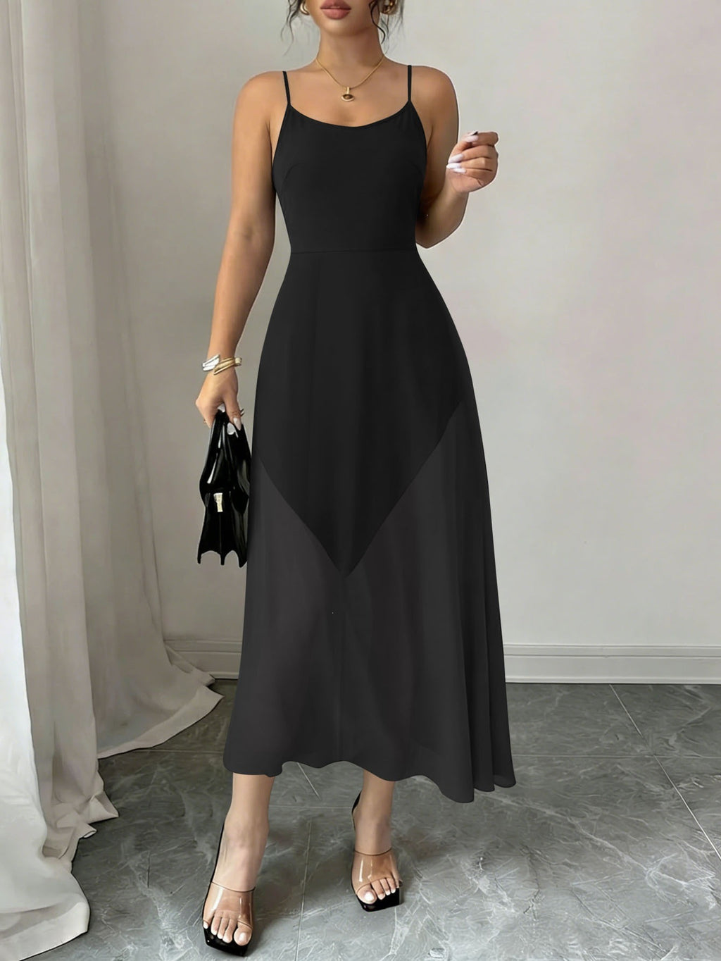 Spaghetti-strap midi summer dress in black with soft draped skirt