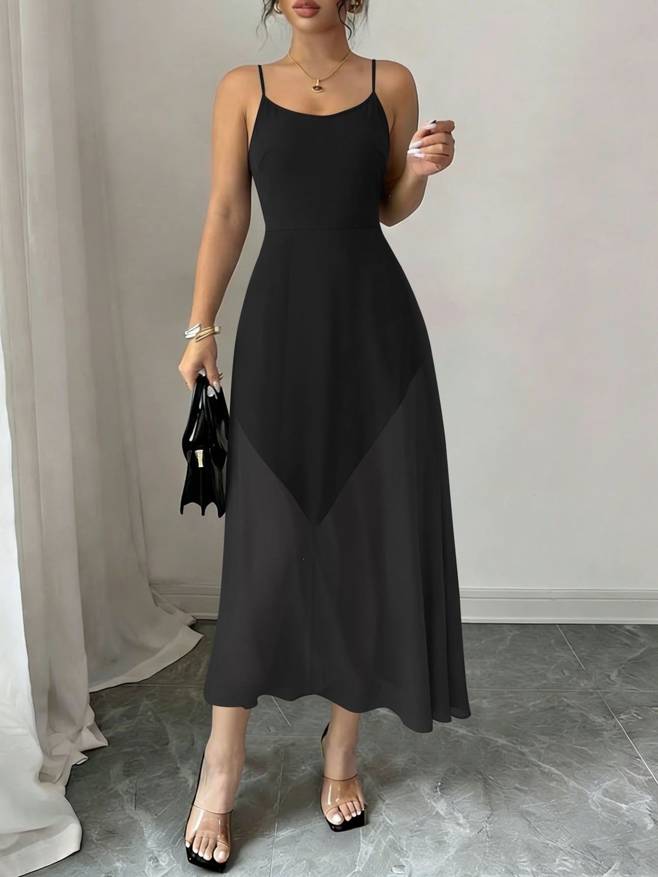 Spaghetti-strap midi summer dress in black with soft draped skirt