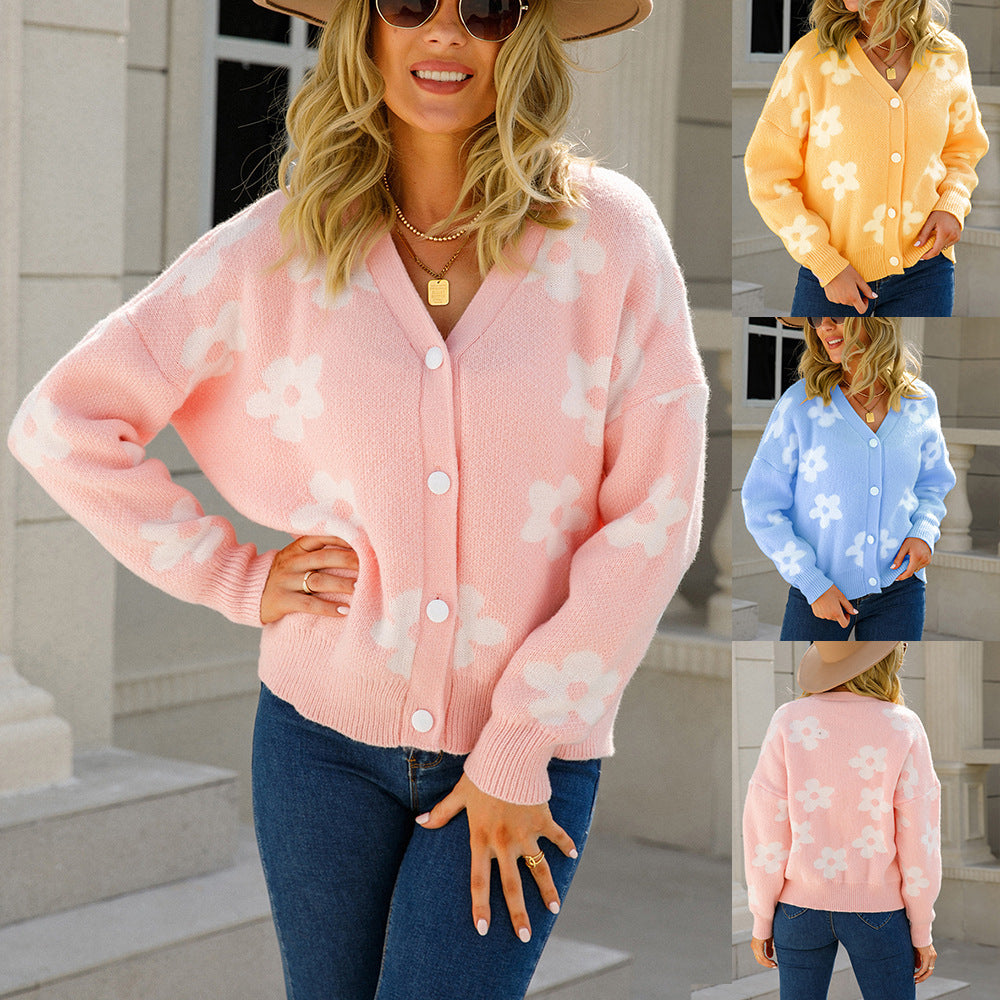 Women's Autumn Winter Knitted Floral Cardigan Cashmere Coat