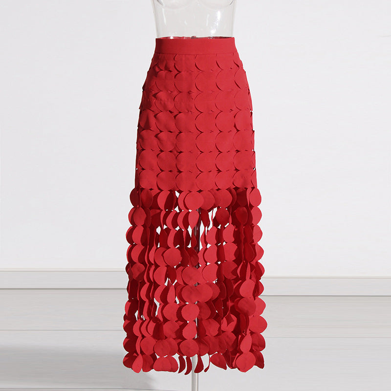 Early Stitching Wafer Tassel High Waist Skirt