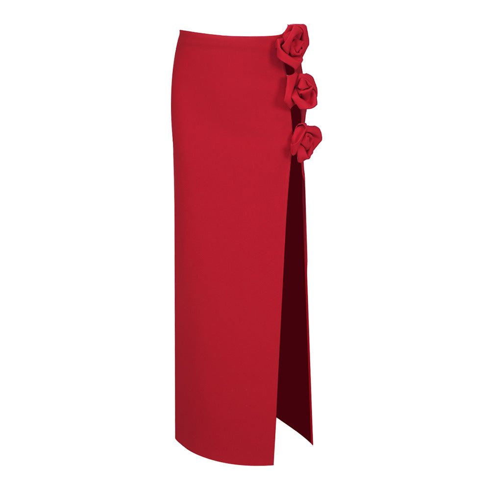 Three Dimensional Floral Bandage Split Long Skirt