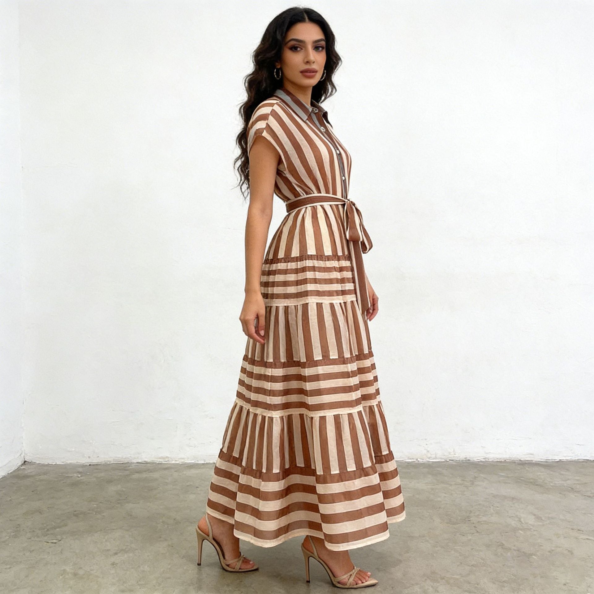 Khaki striped tiered lace dress with tie belt, sleeveless, side view