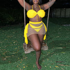 Yellow one-piece swimsuit with underwire bandeau top and sheer draped skirt