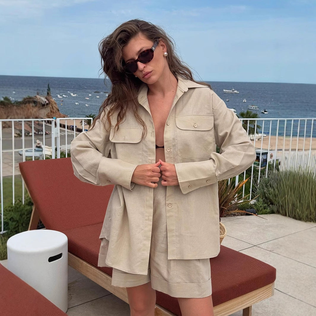 Women's Cotton Long Sleeved Shirt Shorts Women Summer Loose Breathable Casual Two Piece Sets