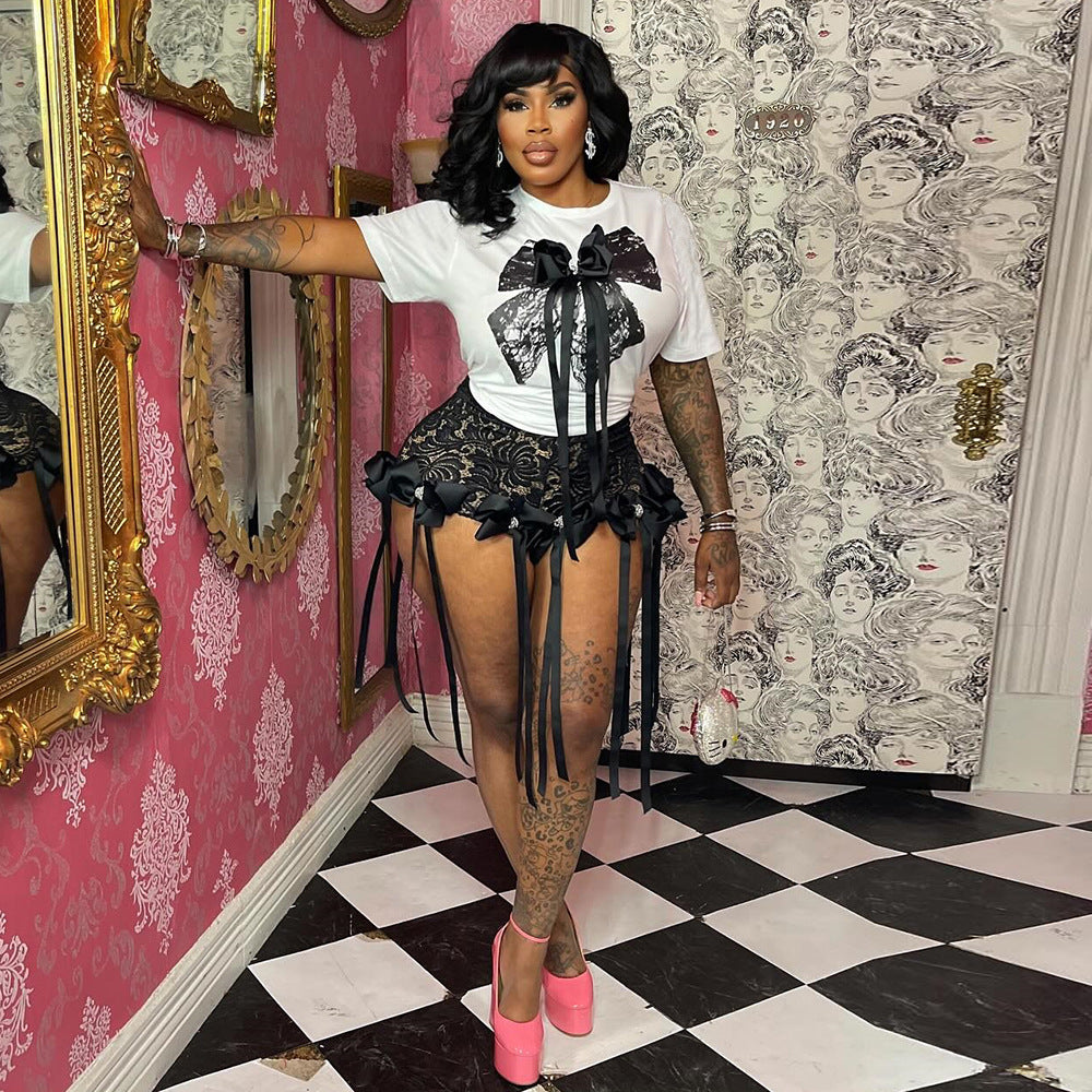 Women's 3D Butterfly Print Loose Lazy Top Lace Trendy Shorts Suit