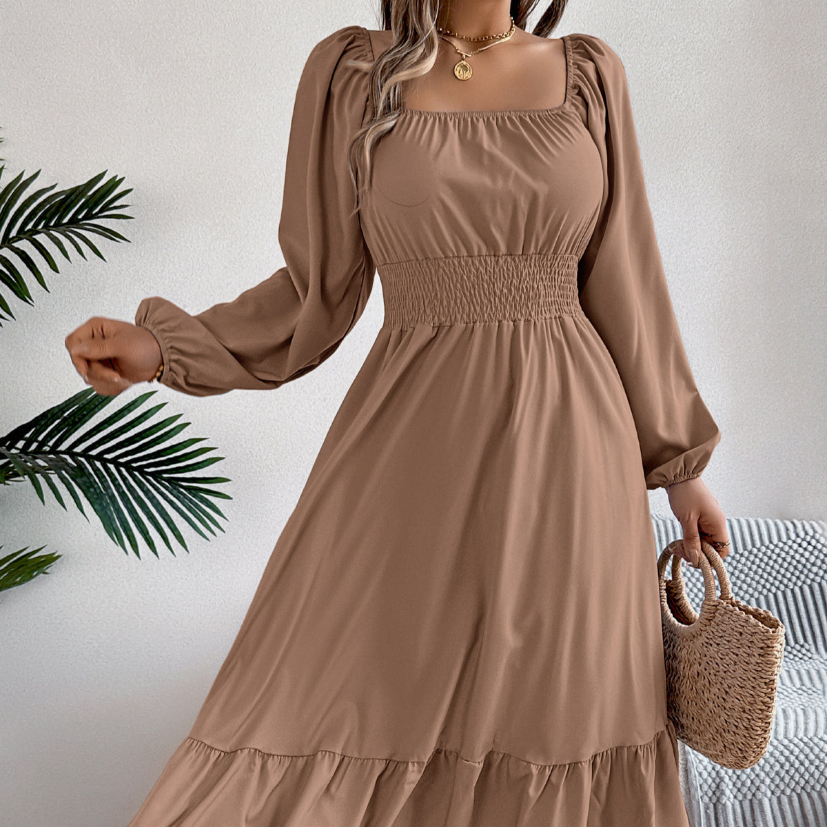 Women's Square-Neck Ruffled A-Line Dress