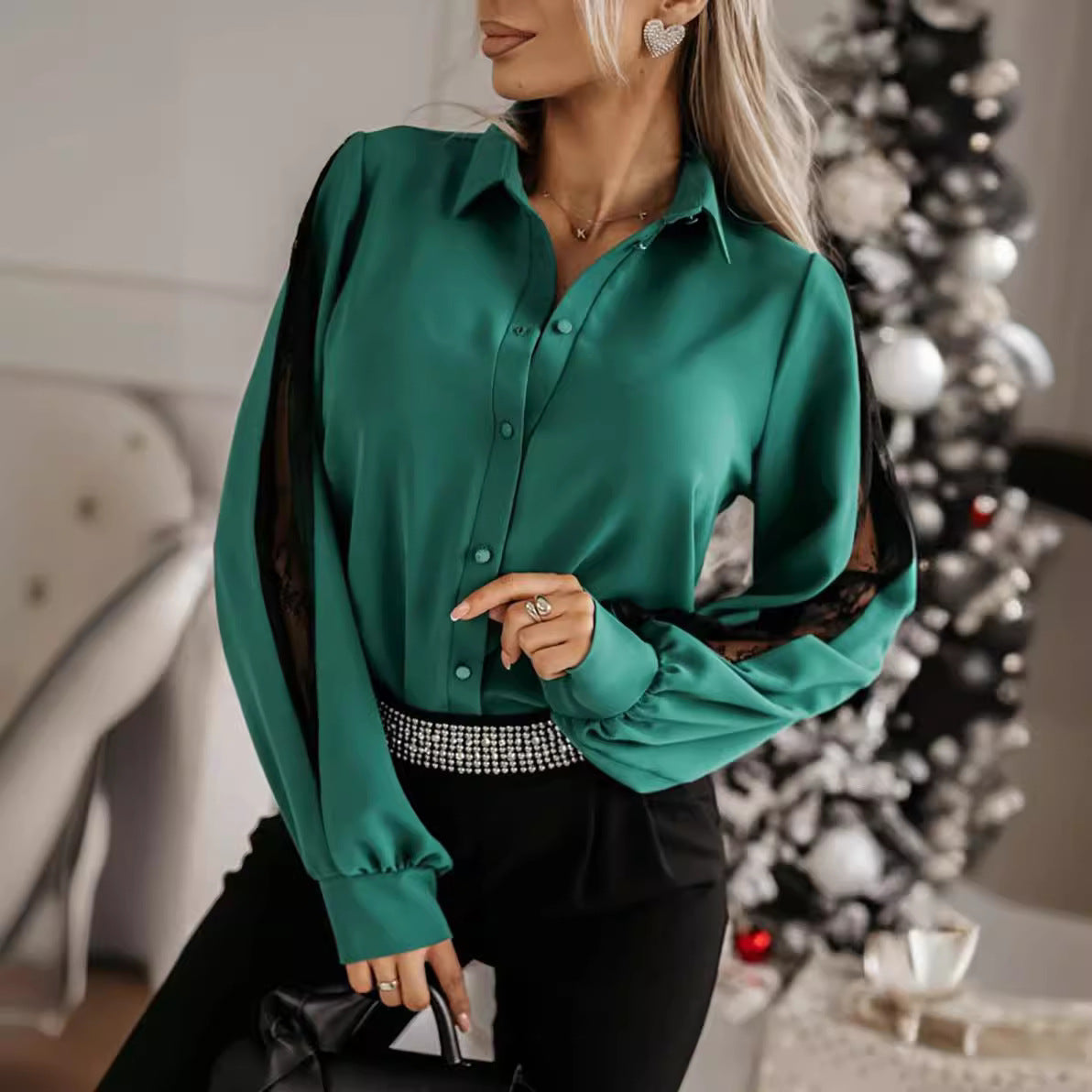 Women's Mesh-Detail Lantern Sleeve Collared Shirt