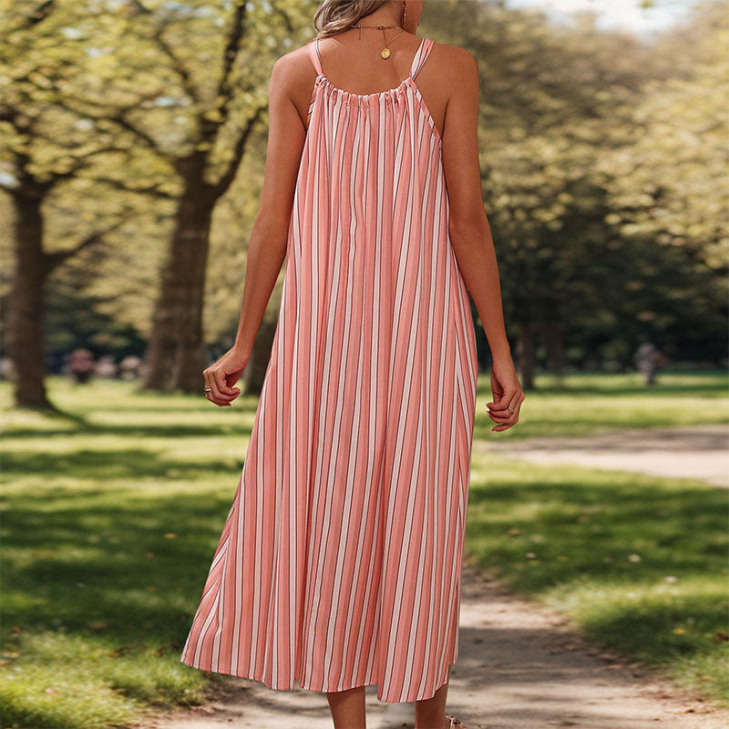 Striped Spaghetti-Strap Vacation Dress