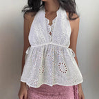 's Jacquard Lace Edge Halter Vest Pure Backless High Waisted