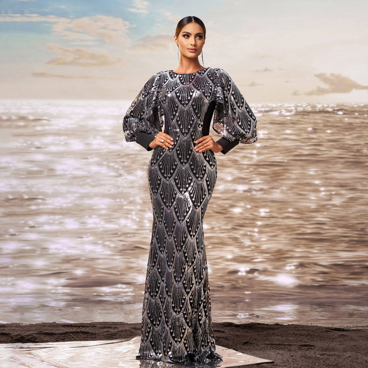 Women's Crew-Neck Sequin Long-Sleeve Fishtail Evening Dress