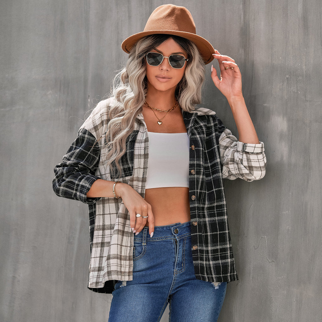 Women's Early Autumn Polo Collar Plaid Top Women Clothing Long Sleeve Cardigan Loose Shirt