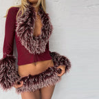 Fur-Collar Top & Plush Skirt Set