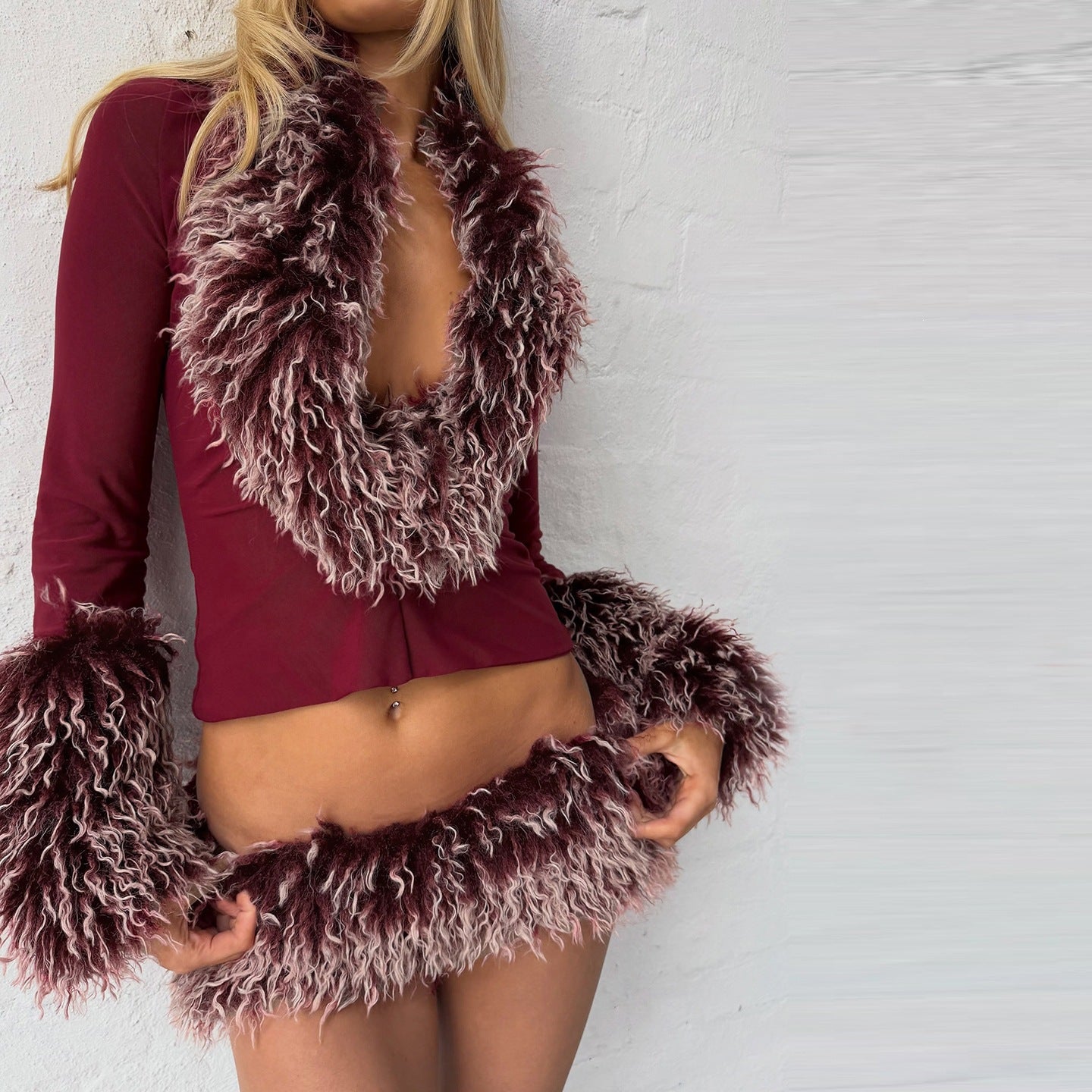 Fur-Collar Top & Plush Skirt Set