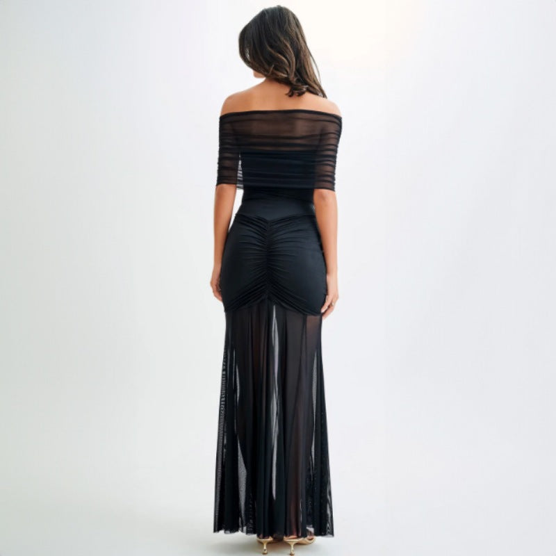 Autumn Strapless Pleated Mesh Slim Fit Patchwork Dress Two Piece Set