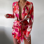 Women's Summer Collared Print Long Sleeve Narrow Dress