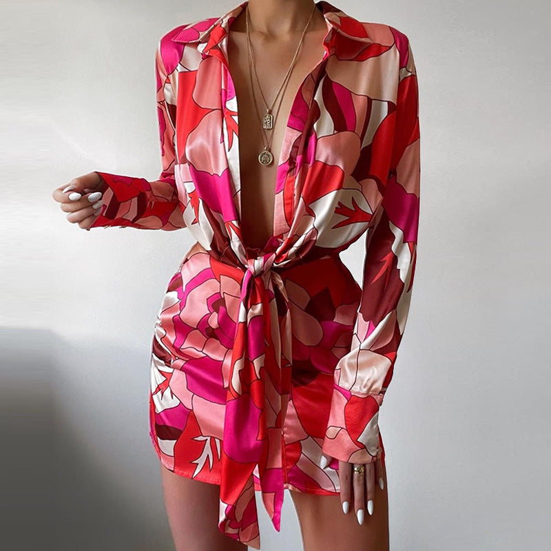Women's Summer Collared Print Long Sleeve Narrow Dress