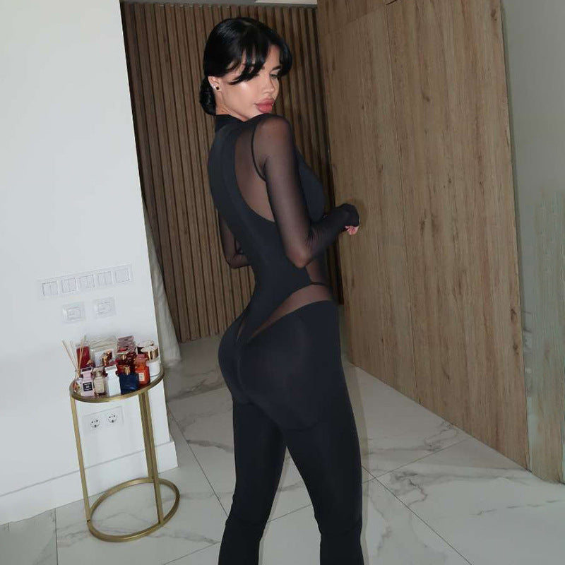 Women's Autumn Winter Women Clothing Sexy Mesh Stitching Sheer Cutout High Necked Long Sleeve Slim Fit Bodysuit
