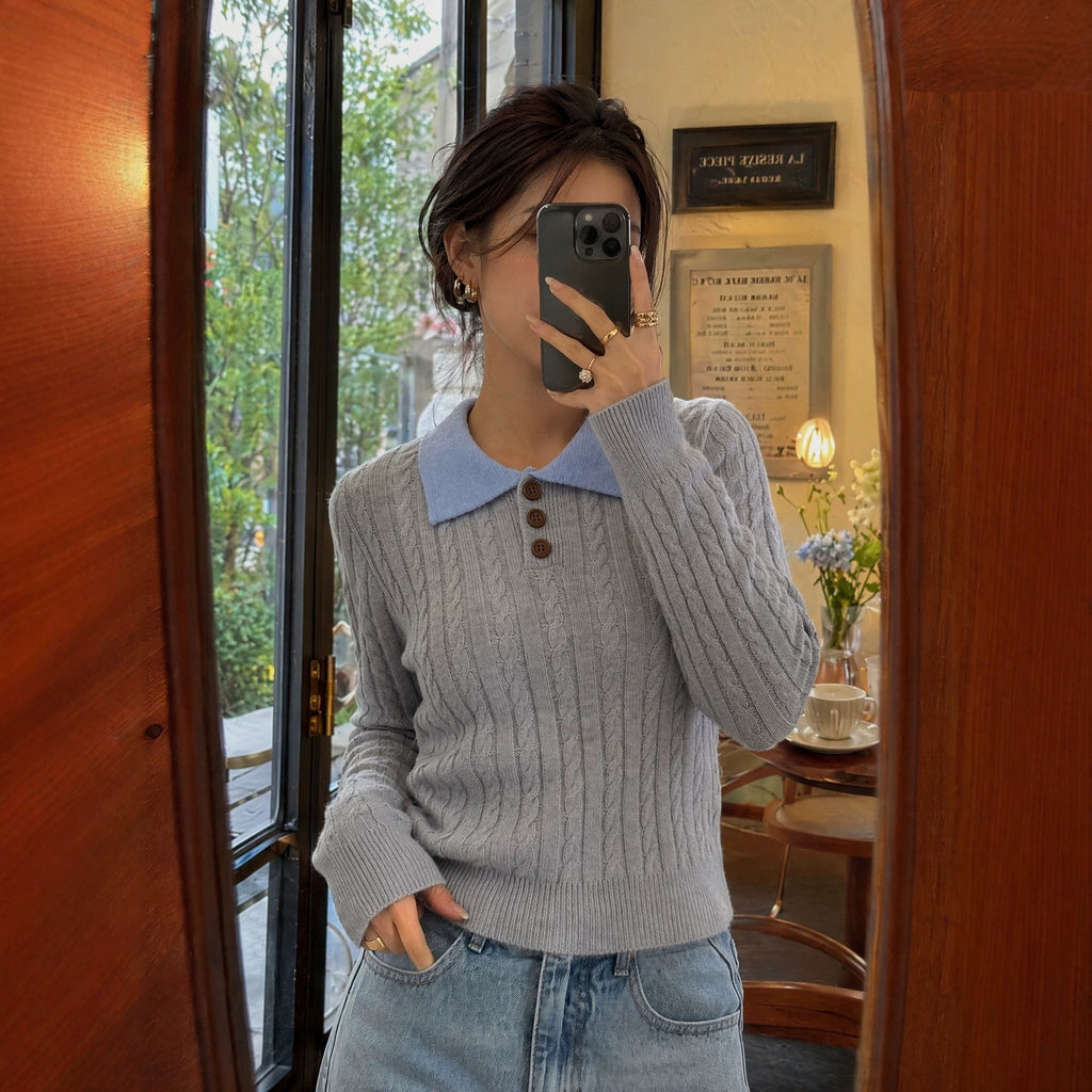 Women's Contrast-Collar Polo Knit Sweater