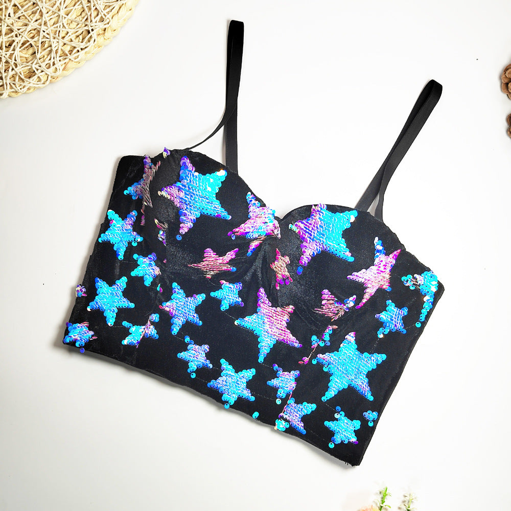 Women’s Embroidered Sequin Spaghetti Strap Crop Top