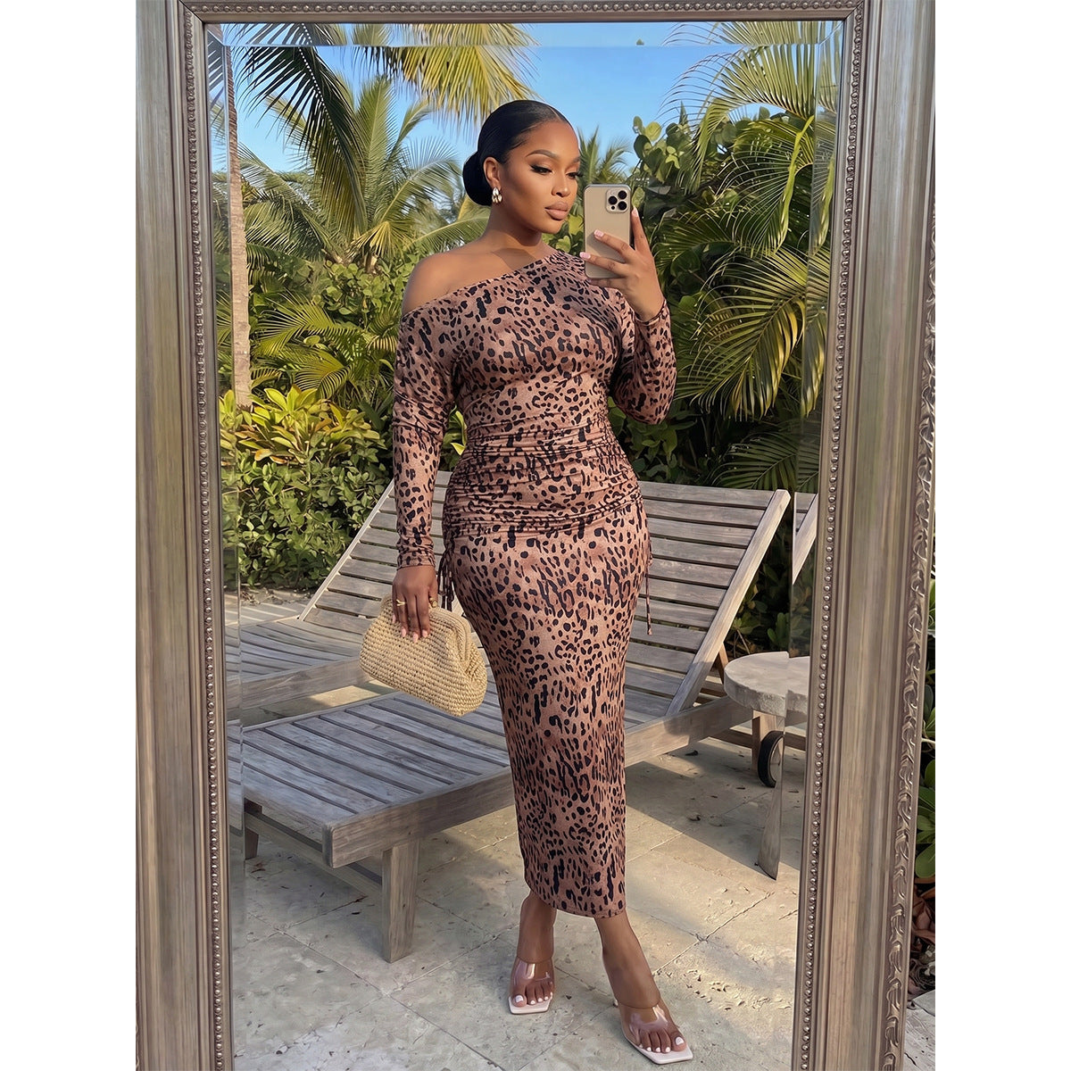 Women's Plus-Size Leopard Print One-Shoulder Maxi Dress