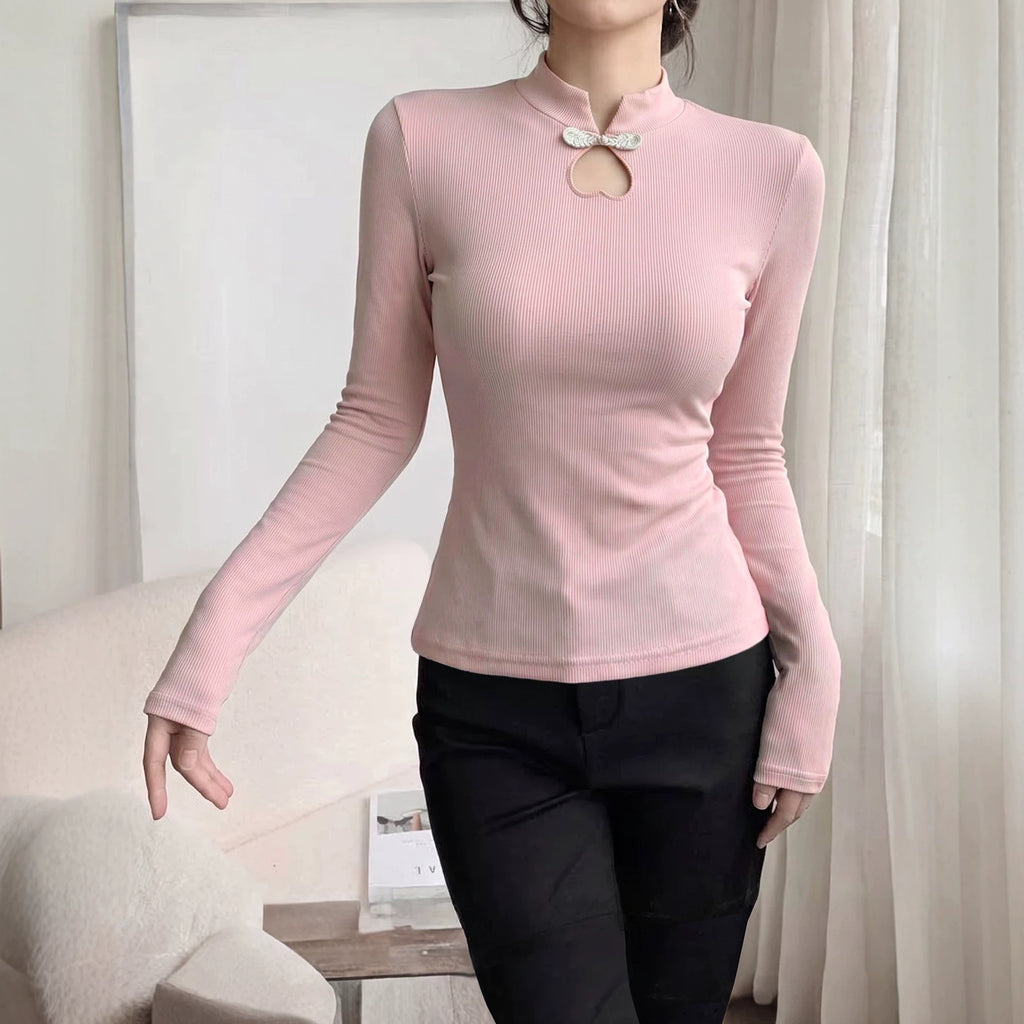 Women's Autumn Clothes Buckle Solid Color Base Elegant Long Sleeve