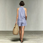 French Striped Halter Wooden Ear SL Top with Shorts Two