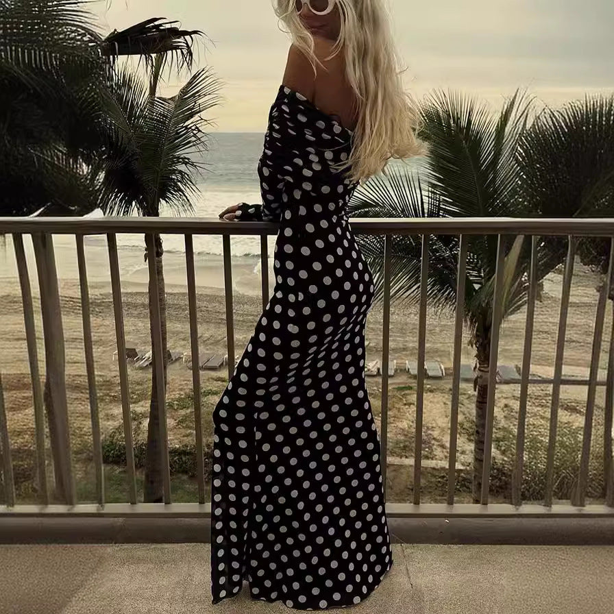 Gauze Polka Dot Stitching Off-Shoulder Slim Dress