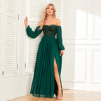 Off-Shoulder Sequin Long Sleeve Slit Maxi Dress