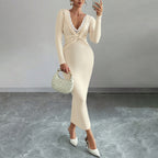 Women's Lace Deep-V Long-Sleeve Knit Dress
