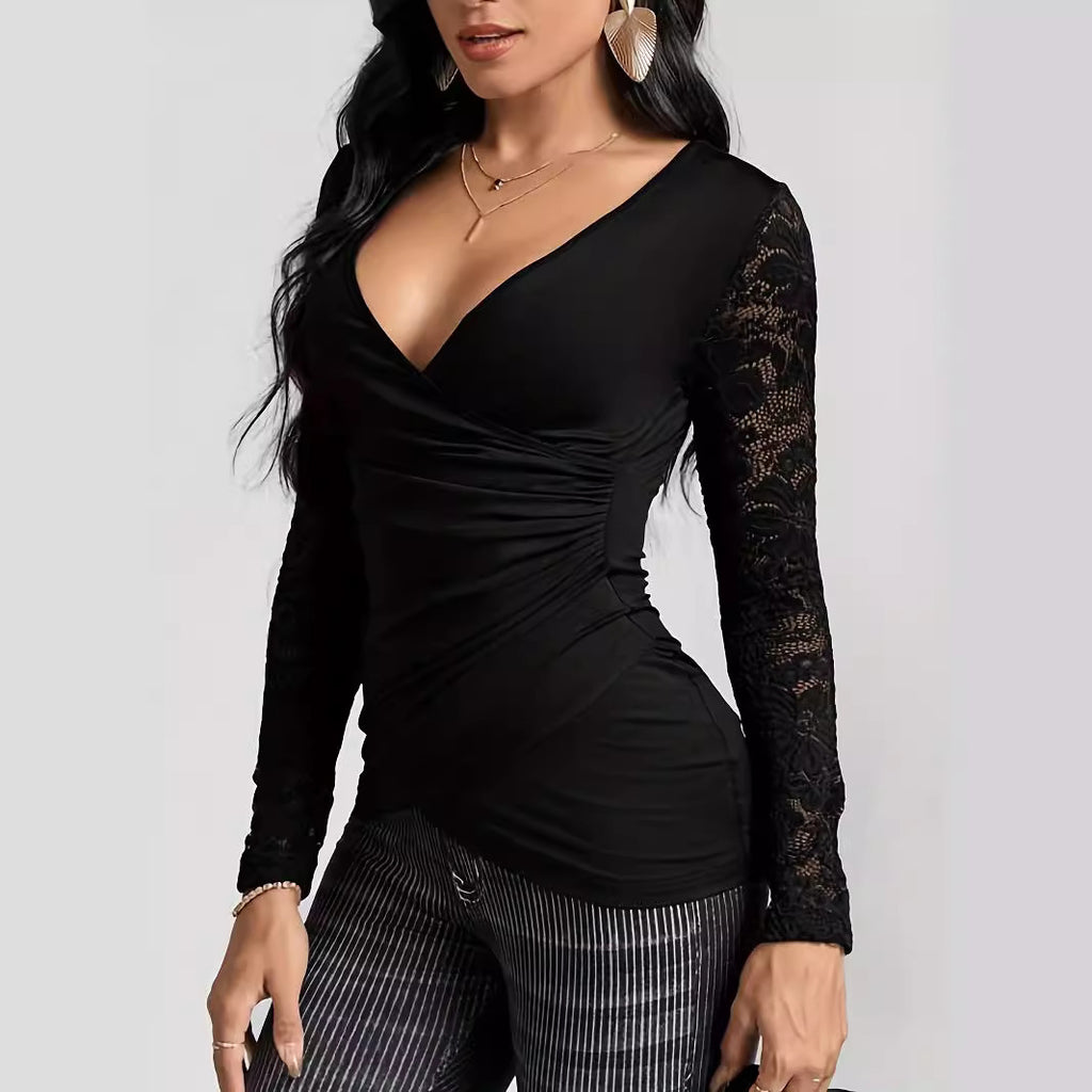 Lace Sleeve Cross Stitch Fitted Top