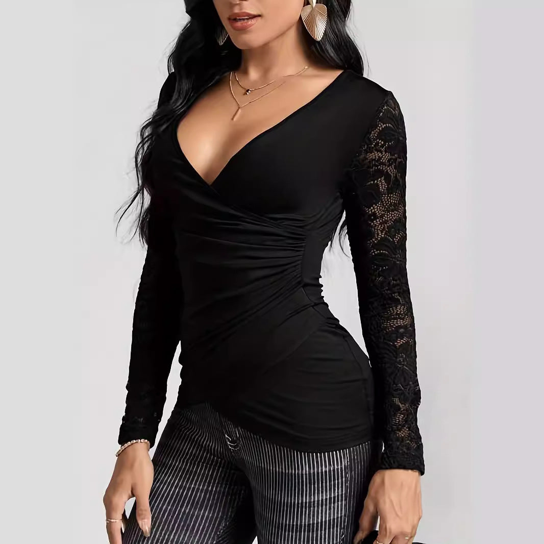 Lace Sleeve Cross Stitch Fitted Top