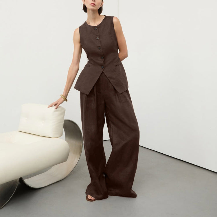 Women's Cotton Linen Vest Vest Women Round Neck Sleeveless Top Loose Fitting Wide Leg Trousers Office Two Piece Sets