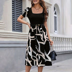 Graffiti Print Square-Neck Puff-Sleeve A-Line Midi Dress