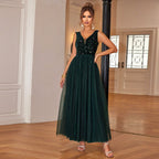 Sequin Mesh V-Neck Sleeveless A-Line Maxi Dress