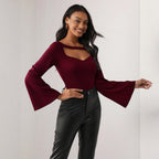 Bell Sleeved Top Hollow Waist Cinching Slimming Office Long