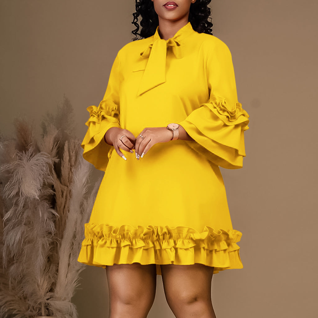 Clothes Solid Color Oversleeves Tied Lotus Leaf Dress